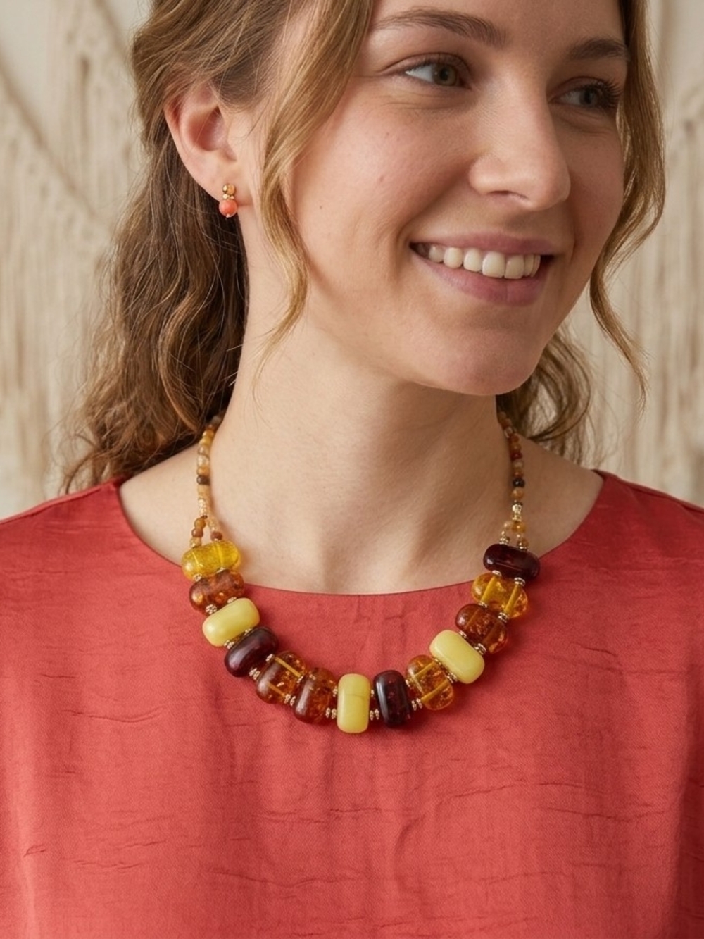 Handcrafted Amber-Tone Bead Necklace - Yellow & Brown